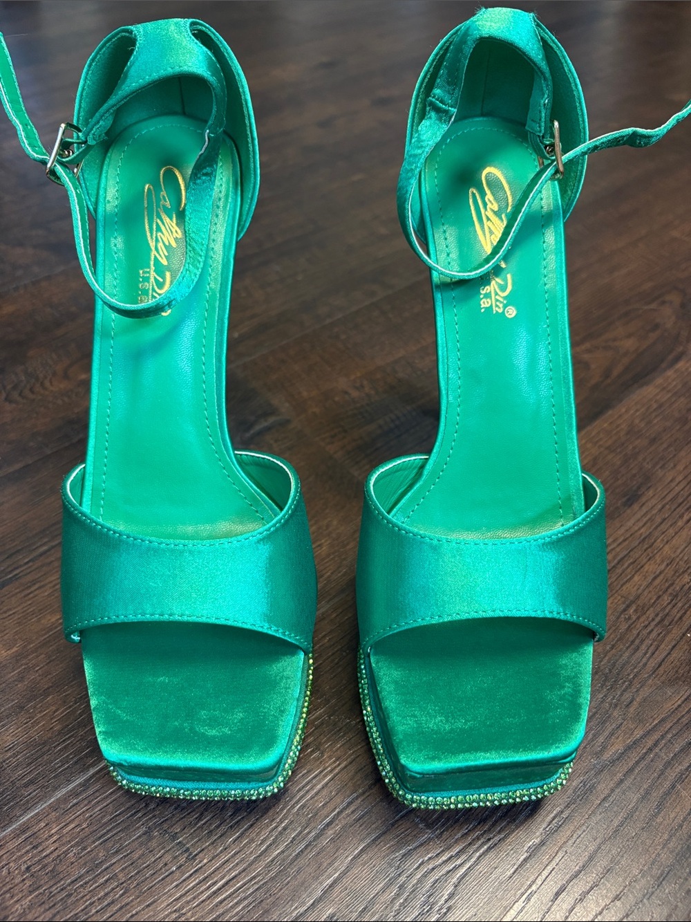 CATHY DIN Womens Green Platform Open Toe Ankle Strap Crystal Stiletto Heel 7
